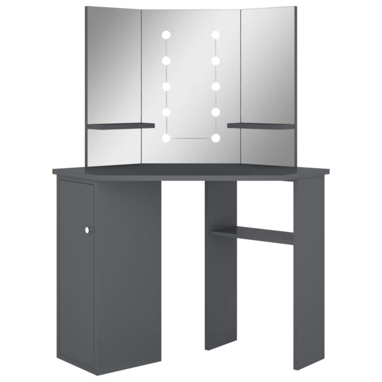 Kutni toaletni stolić s LED svjetlom sivi 111 x 54 x 141