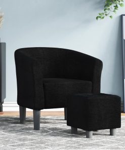 Zaobljena fotelja s tabureom crna od tkanine