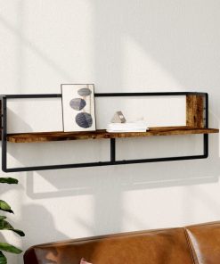 Zidna polica s prečkom dimljena boja hrasta 100x25x30 cm