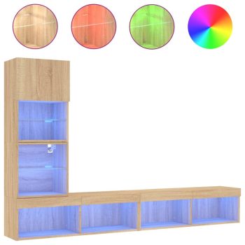 4-dijelni zidni TV elementi s LED svjetlima boja hrasta drveni