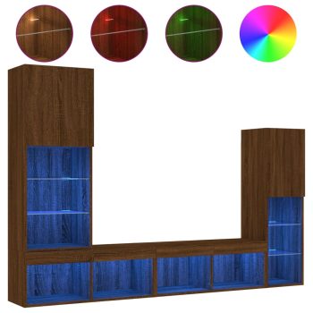 4-dijelni zidni TV elementi s LED svjetlima boja smeđeg hrasta