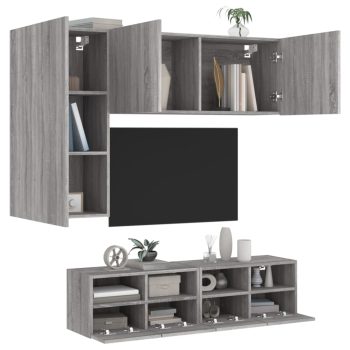 4-dijelni zidni TV elementi siva boja hrasta konstruirano drvo