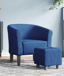 Zaobljena fotelja s tabureom plava od tkanine